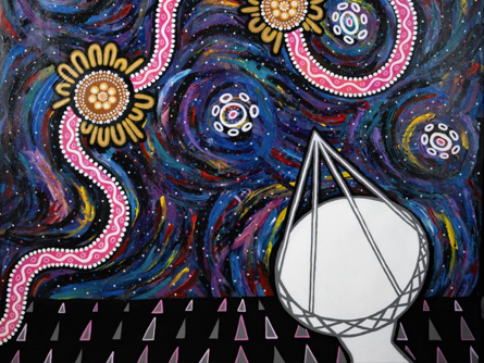 Seven Sisters, 2024 Noeleen Hamlett, Wajarri Yamaji “The Seven Sisters in our night sky guiding us in our search with the telescopes and Christmas tree-shaped antennas. Leading us into a better future, as we come together at our meeting places, taking a big step forward.” This artwork is part of the Cosmic Echoes: Shared Sky Indigenous Art Exhibition, which is an SKAO initiative, in collaboration with SARAO, CSIRO and the Wajarri Yamaji Aboriginal Corporation. The Wajarri Yamaji are the Traditional Owners and Native Title Holders of Inyarrimanha Ilgari Bundara, the CSIRO Murchison Radio-astronomy Observatory, where the SKA-Low telescope is being built.