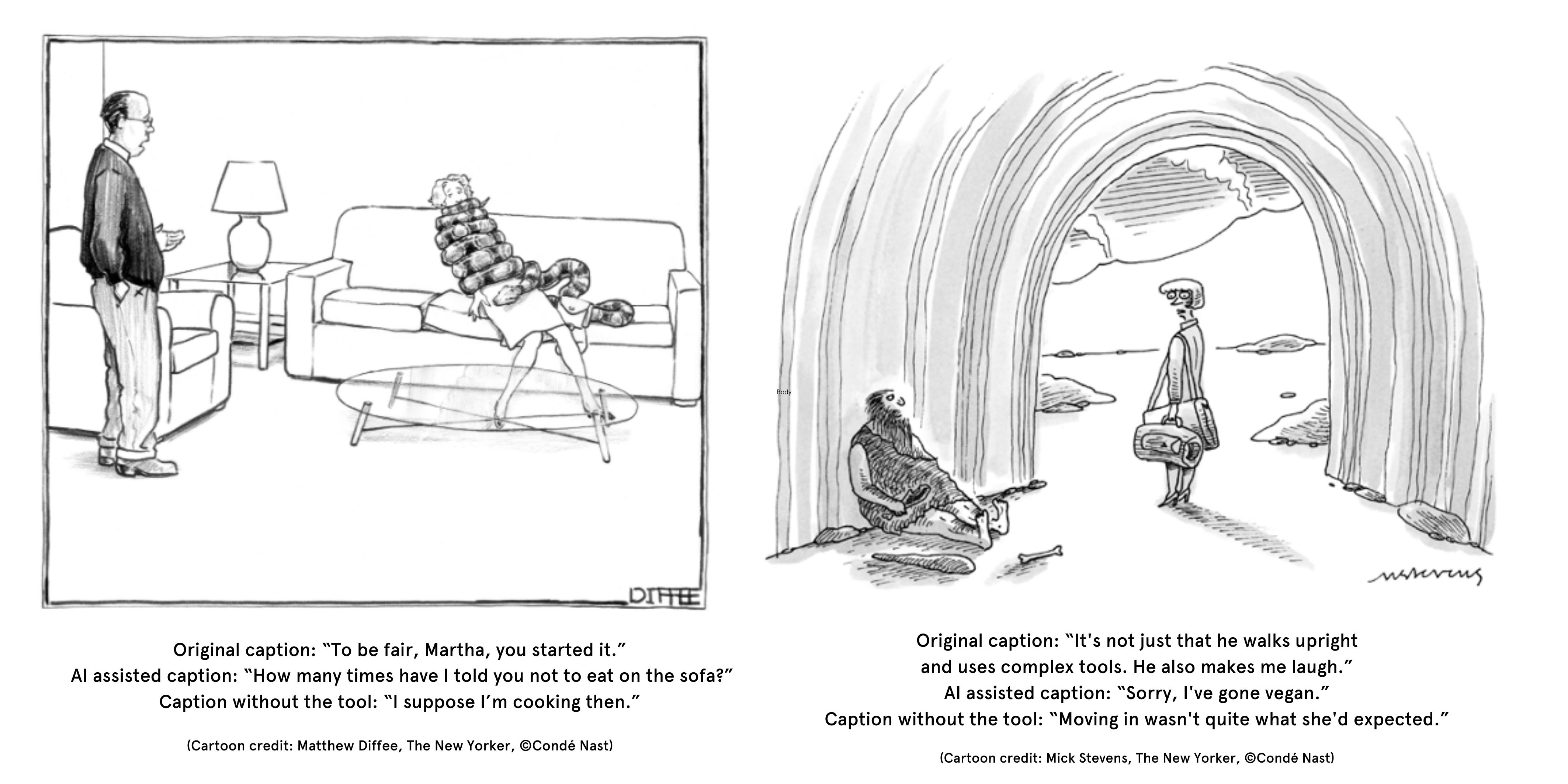 Two of The New Yorker cartoons with their original captions and captions written with the assistance of AI. Image: University of Sydney, with cartoons by Matthew Diffee and Mick Stevens, The New Yorker, Condé Nast.