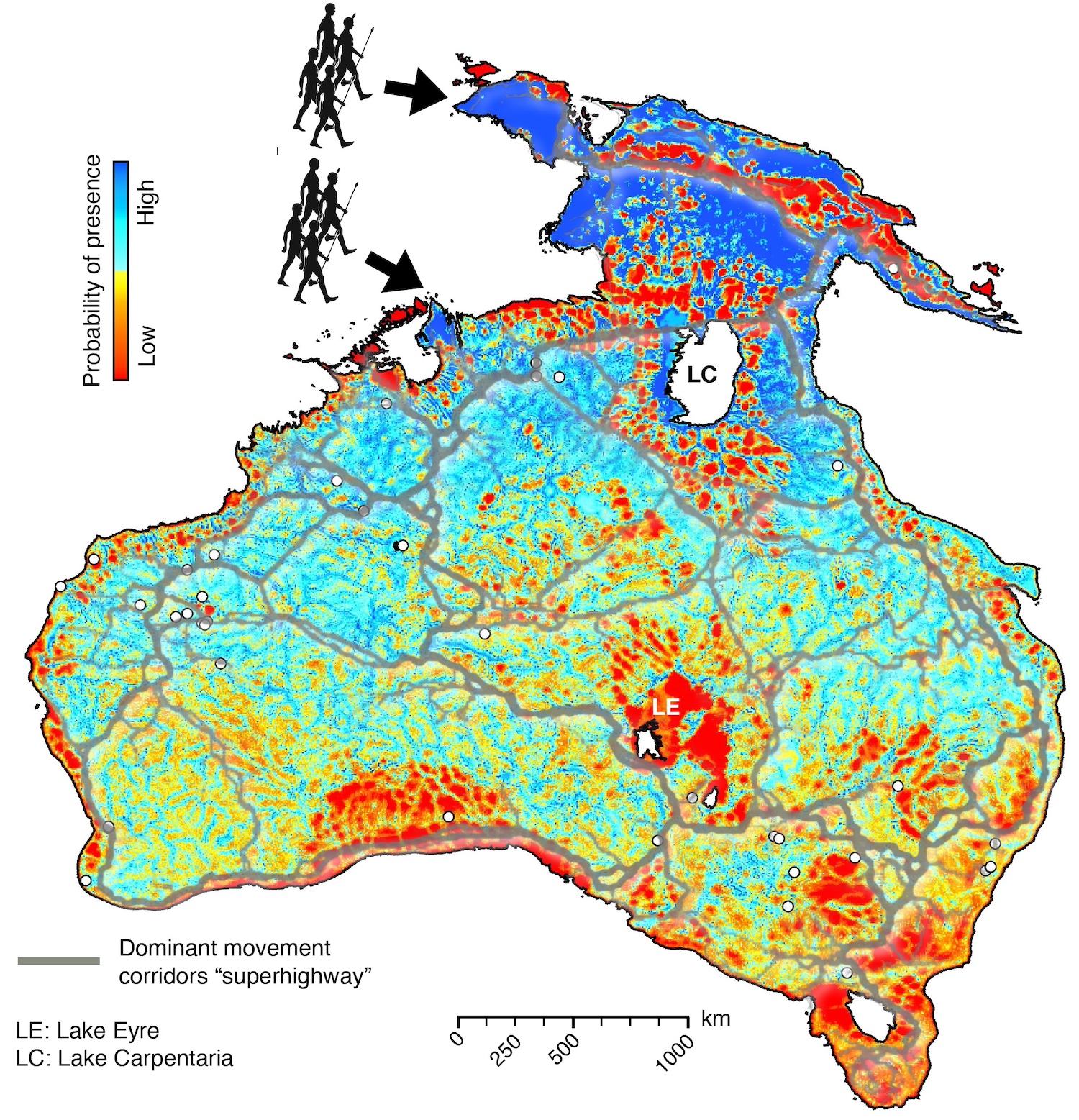 Computer model image of entry points for migration routes through Sahul: a northern route through West Papua (entry time: 73,000 years) and a southern entry point from the Timor Sea shelf (entry time: about 75,000 years).