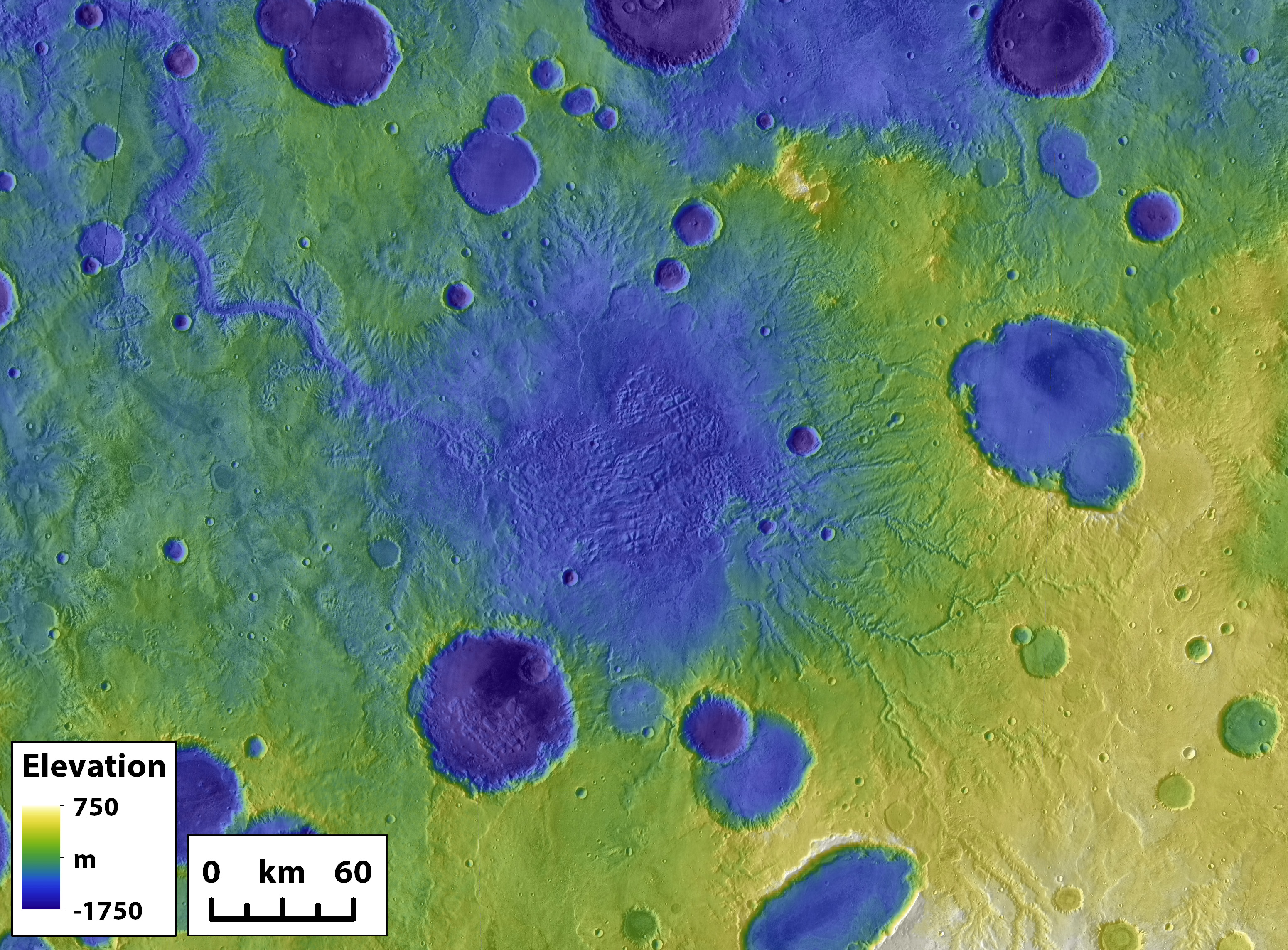 Credit: THEMIS (NASA/JPL-Caltech/Arizona State University) and MOLA (NASA/GSFC/MOLA Science Team), Timothy A. Goudge. Example of a lake basin on Mars (center) and associated large outlet canyon (extending to the northwest from the basin margins), which formed from catastrophic lake breach flooding.