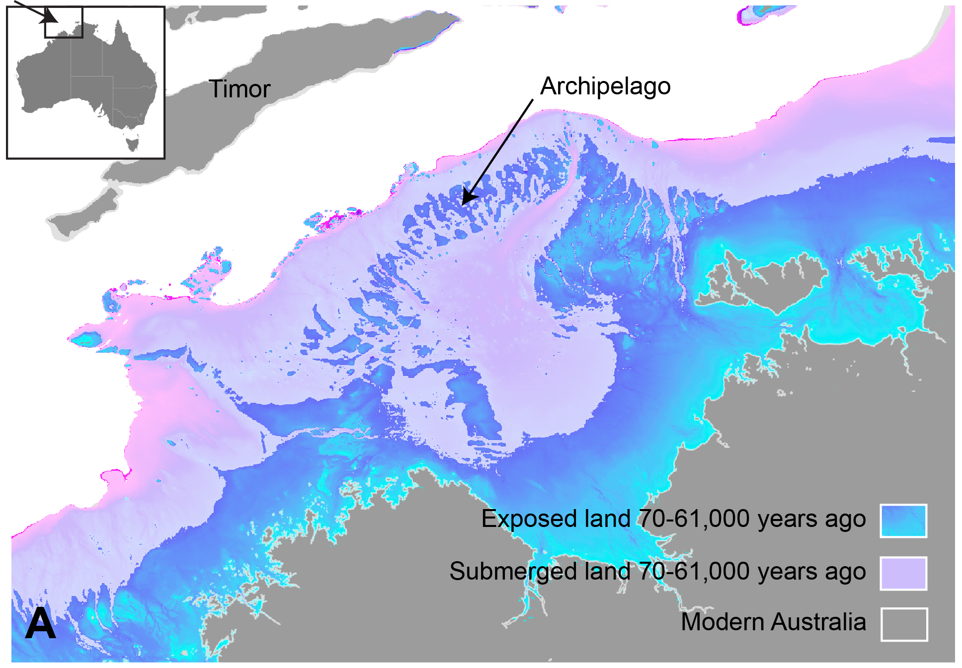 During lower sea levels a vast archipelago formed on the Australian northwest continental shelf.  Credit: US Geological Survey, Geoscience Australia