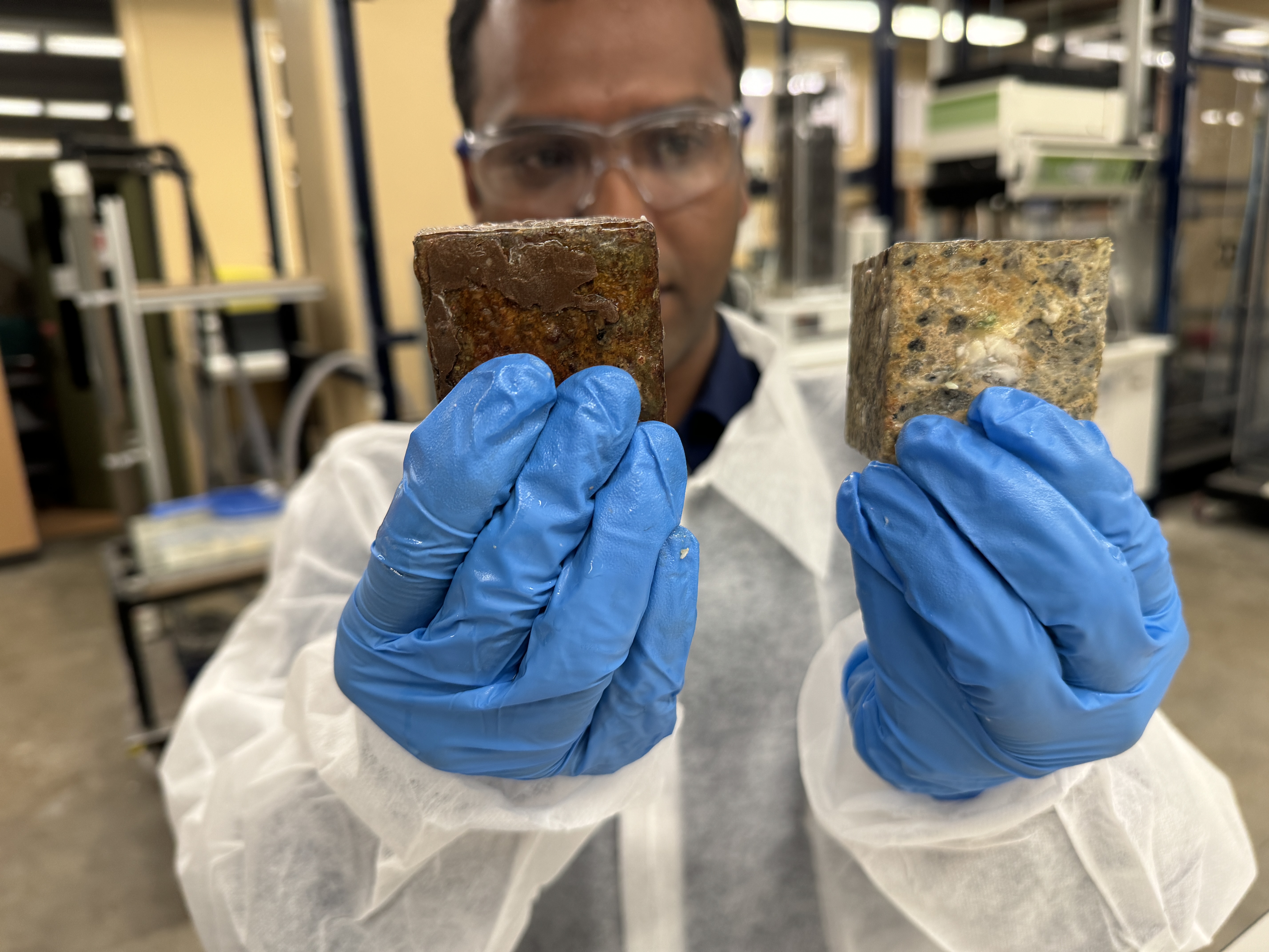 Dr Biplob Pramanik holds two concrete blocks side by side (the coated block is on the left). The white coloured blobs on the uncoated block are a mixture of fat, oil and grease (FOG). Photo credit: Will Wright, RMIT University