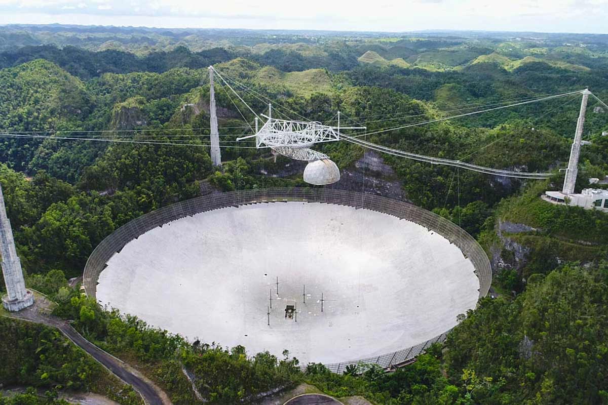 For 57 years the Arecibo Observatory served as a world-class resource for radio astronomy research. After structural damage caused by the fall of two auxiliary cables, on December 1, 2020 a third cable failed causing Arecibo’s 900-ton receiver platform to fall onto the dish below, destroying the telescope. Credit: UCF.
