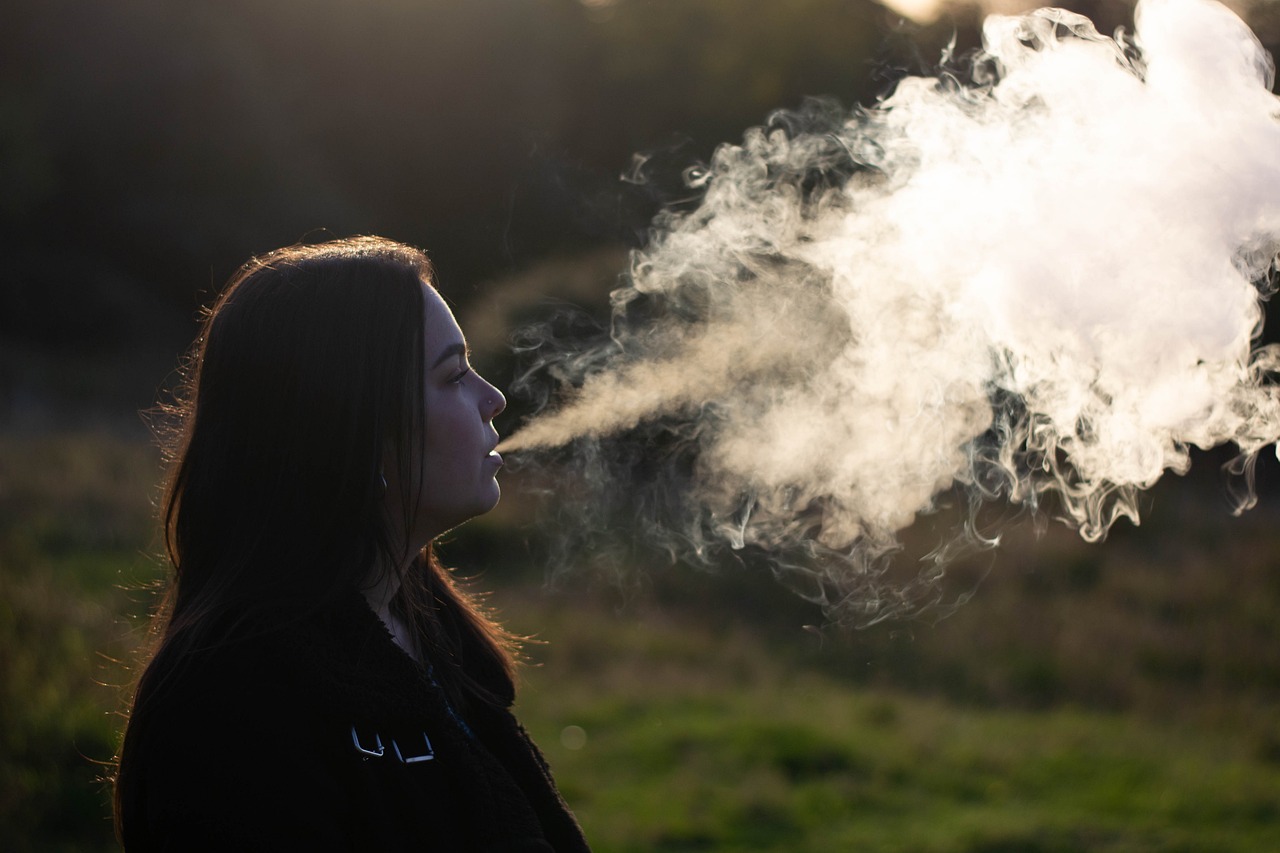 CC-0. https://pixabay.com/photos/vape-nature-girl-smoke-forest-4582482/