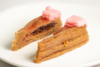 Isometric cut view of the final iteration of a seven-ingredient printed dessert.