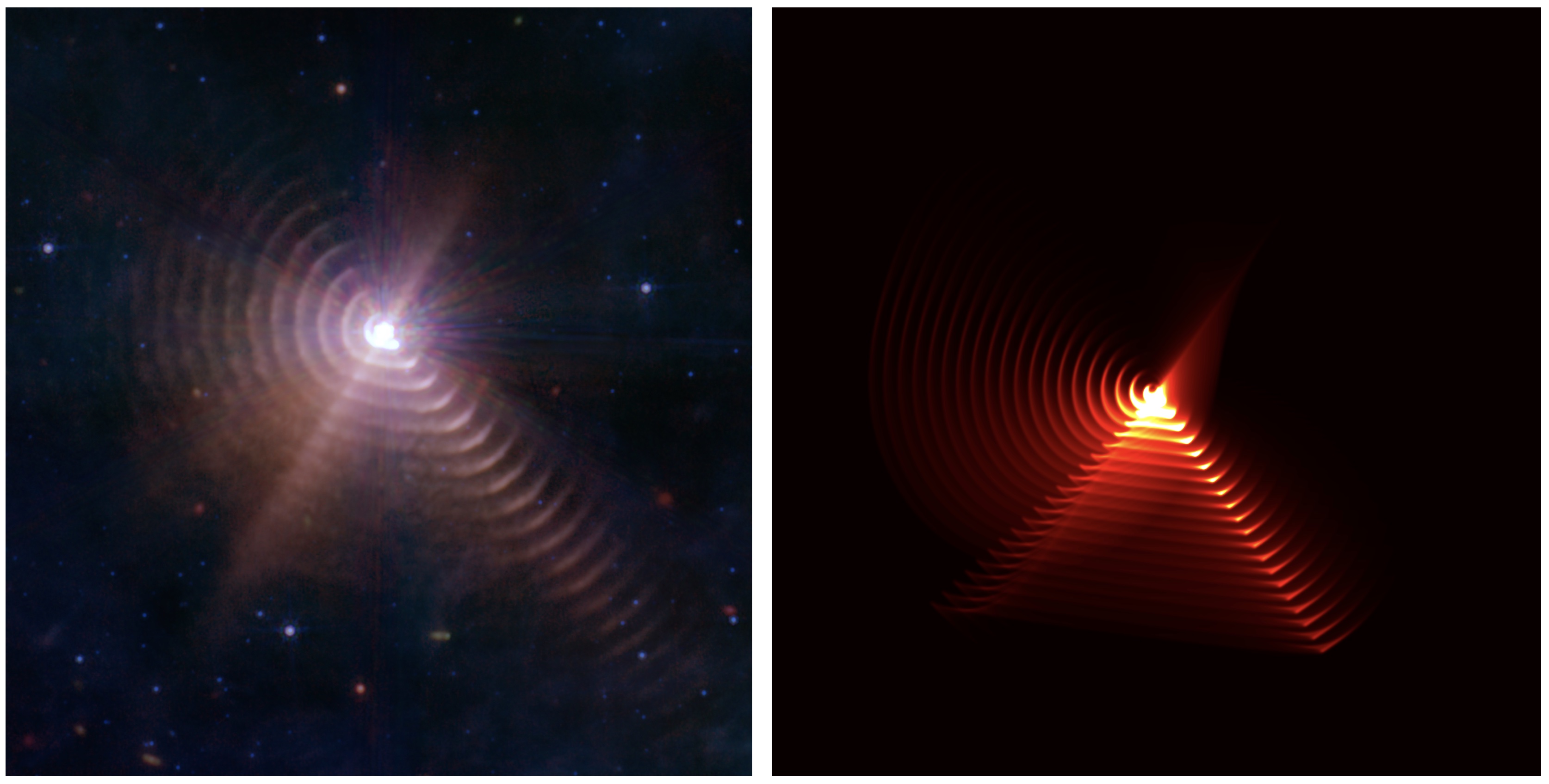 JWST image vs model of WR140 [NASA/ESA/CSA/STScI/JPL-Caltech and Yinuo Han/Peter Tuthill/Ryan Lau]