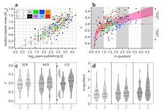 Relationship between scaled citation mass and loge years publishing 