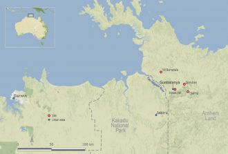 Map of western Arnhem Land with key rock art research site locations.