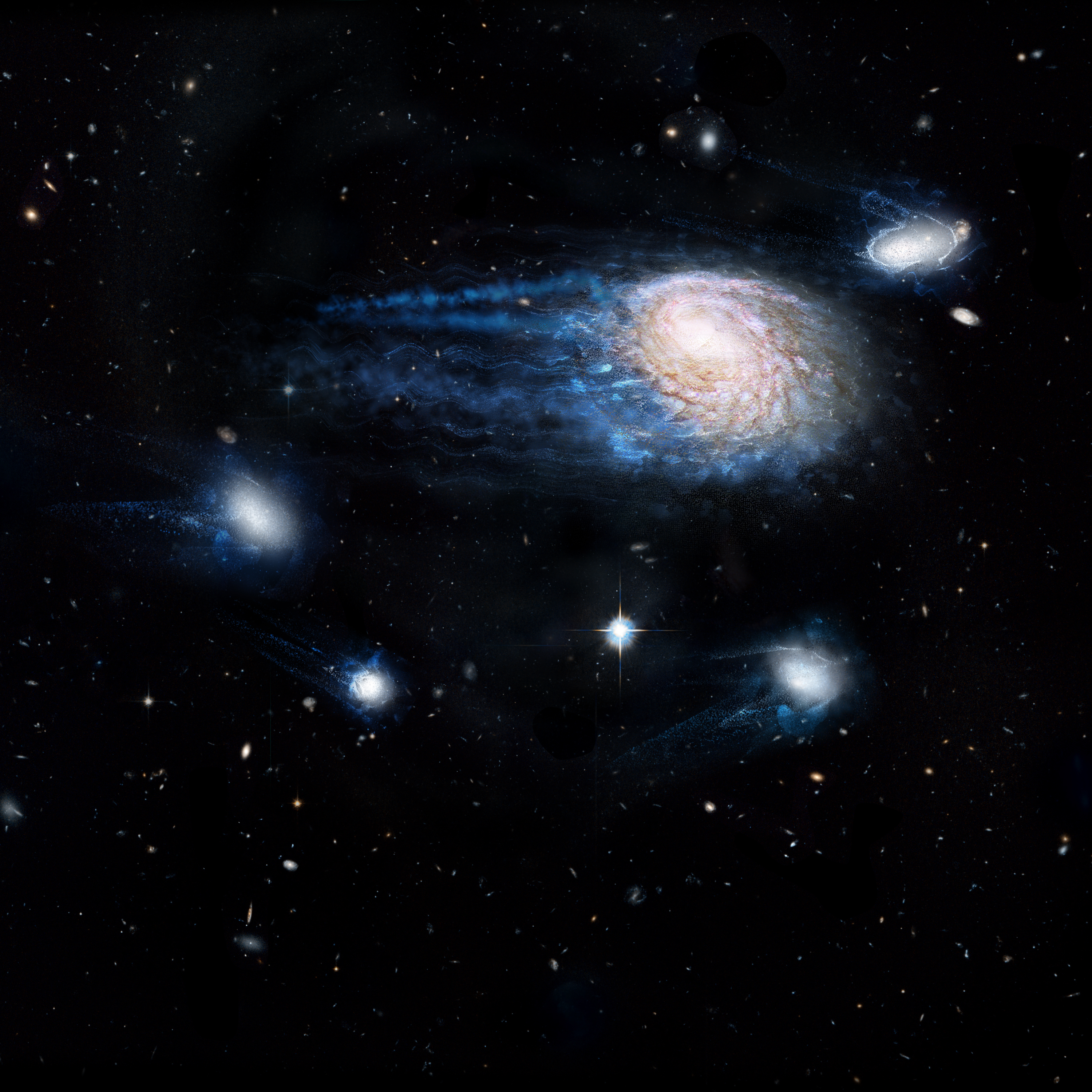 An artist’s impression showing the increasing effect of ram-pressure stripping in removing gas from galaxies, sending them to an early death. Credit: ICRAR, NASA, ESA, the Hubble Heritage Team (STScI/AURA) 