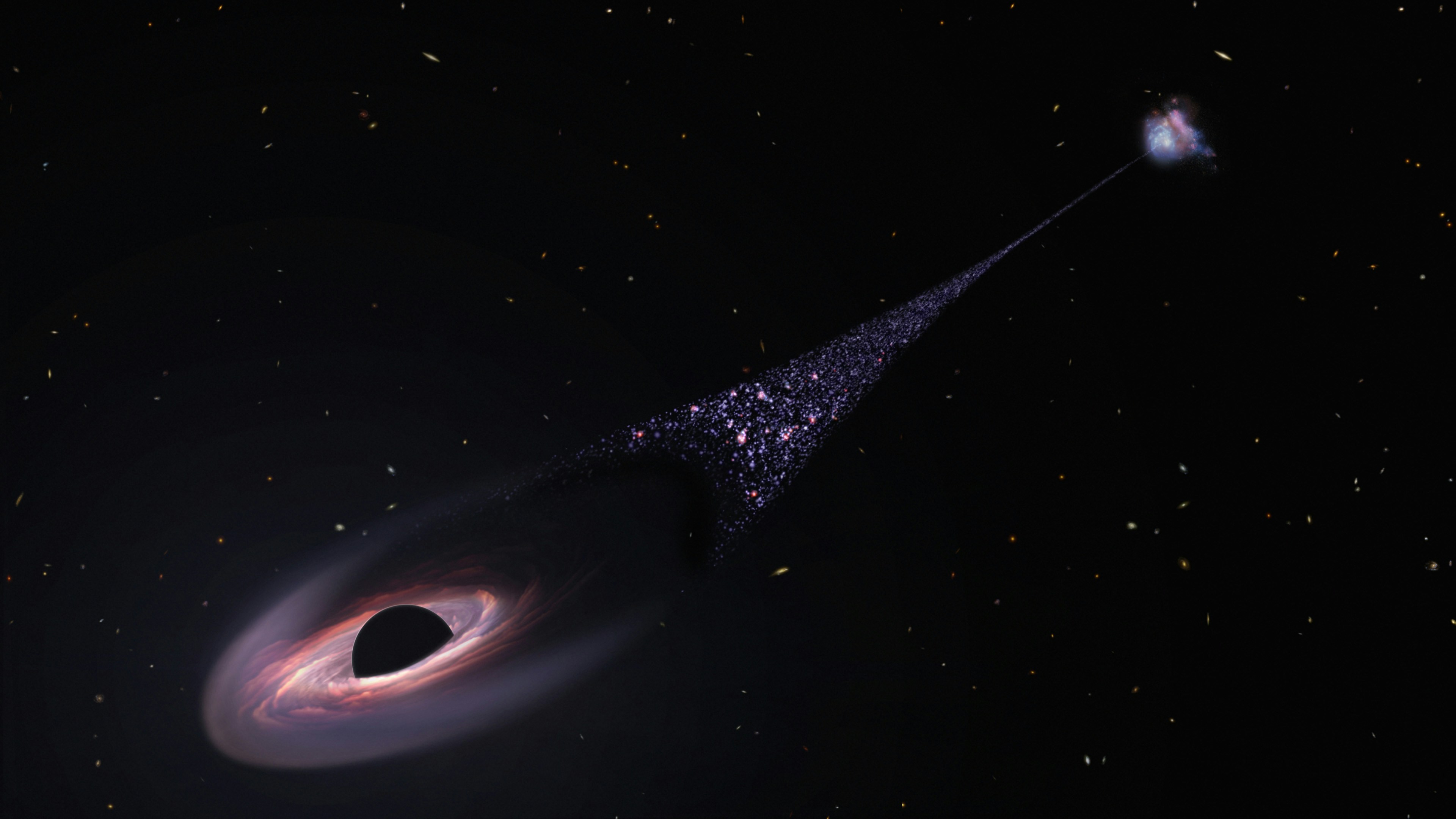 This is an artist's impression of a runaway supermassive black hole that was ejected from its host galaxy as a result of a tussle between it and two other black holes. Credits: Artwork - NASA, ESA, Leah Hustak (STScI) Photo by NASA Hubble Space Telescope on Unsplash