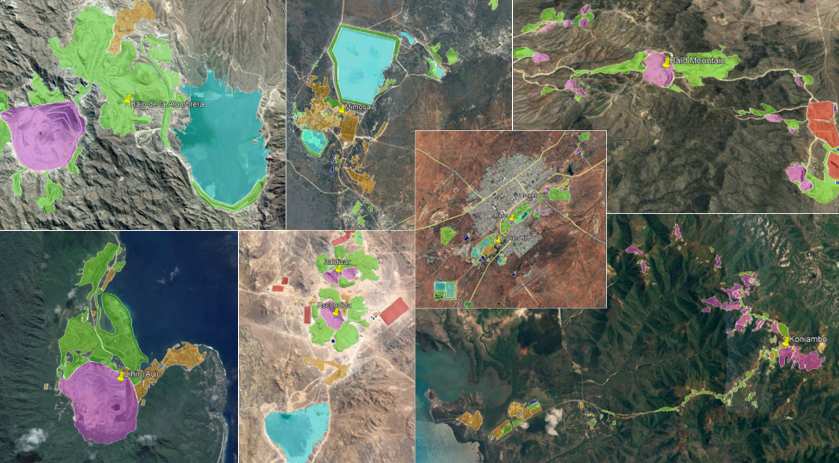 Mines are composed of features like open cut pits, water storage ponds, milling infrastructure, waste rock dumps, and tailings storage facilities that are often associated with impacts to surrounding areas. These images, taken from Werner et al. (2020, https://www.sciencedirect.com/science/article/abs/pii/S0959378019305023), shows the great diversity in shape and form these features take, as well as the wide variety of landscapes that mines occupy around the world.