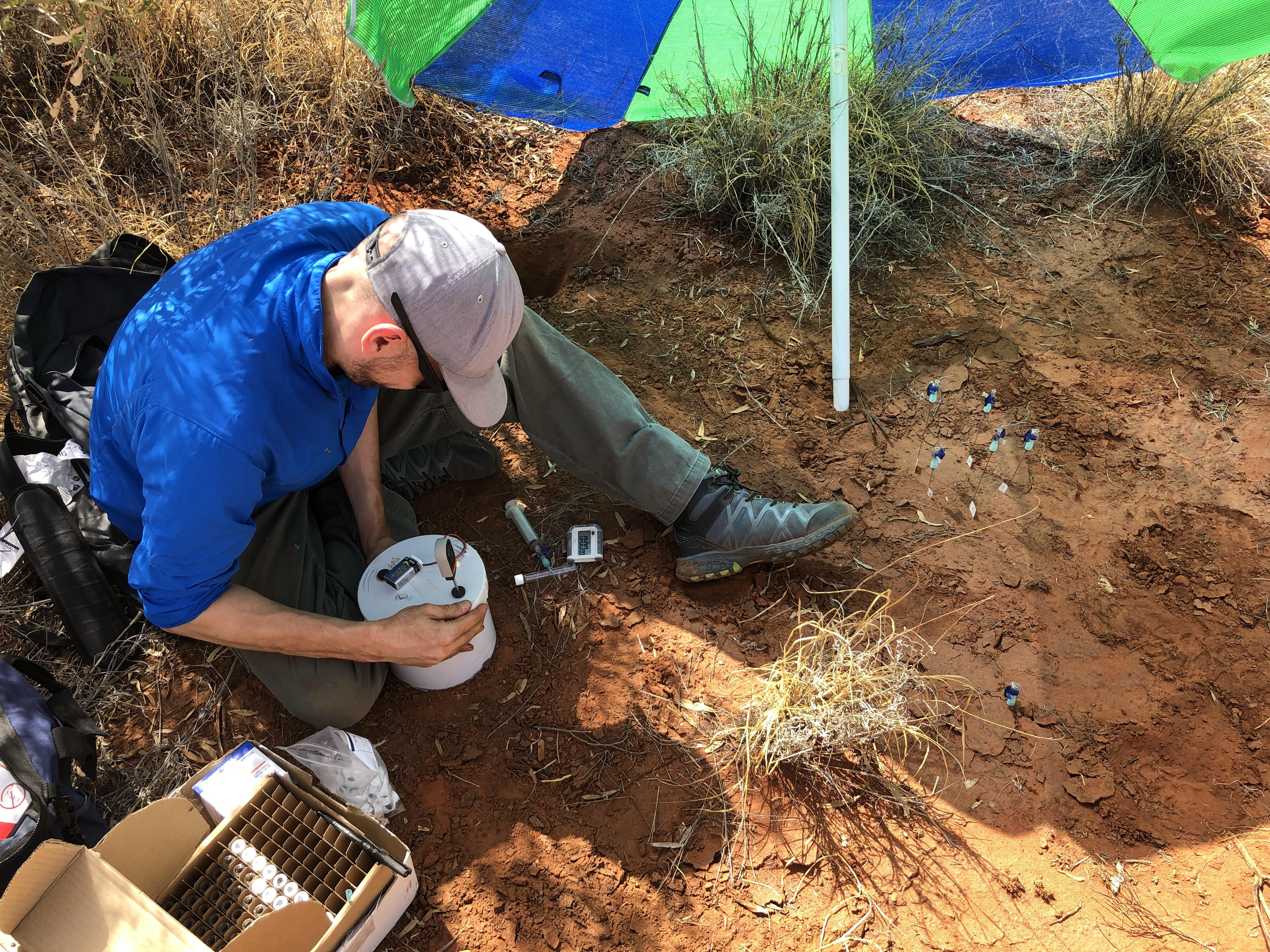 Soil gas sampling in the field, South Australia.