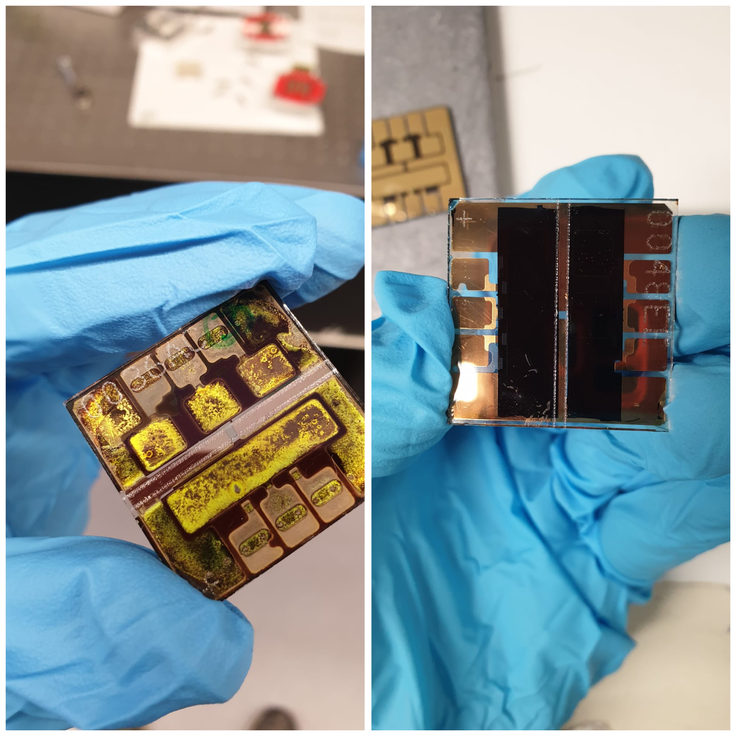 Exciton Science / A comparison between a degraded perovskite solar cell (left) and a cell in good condition