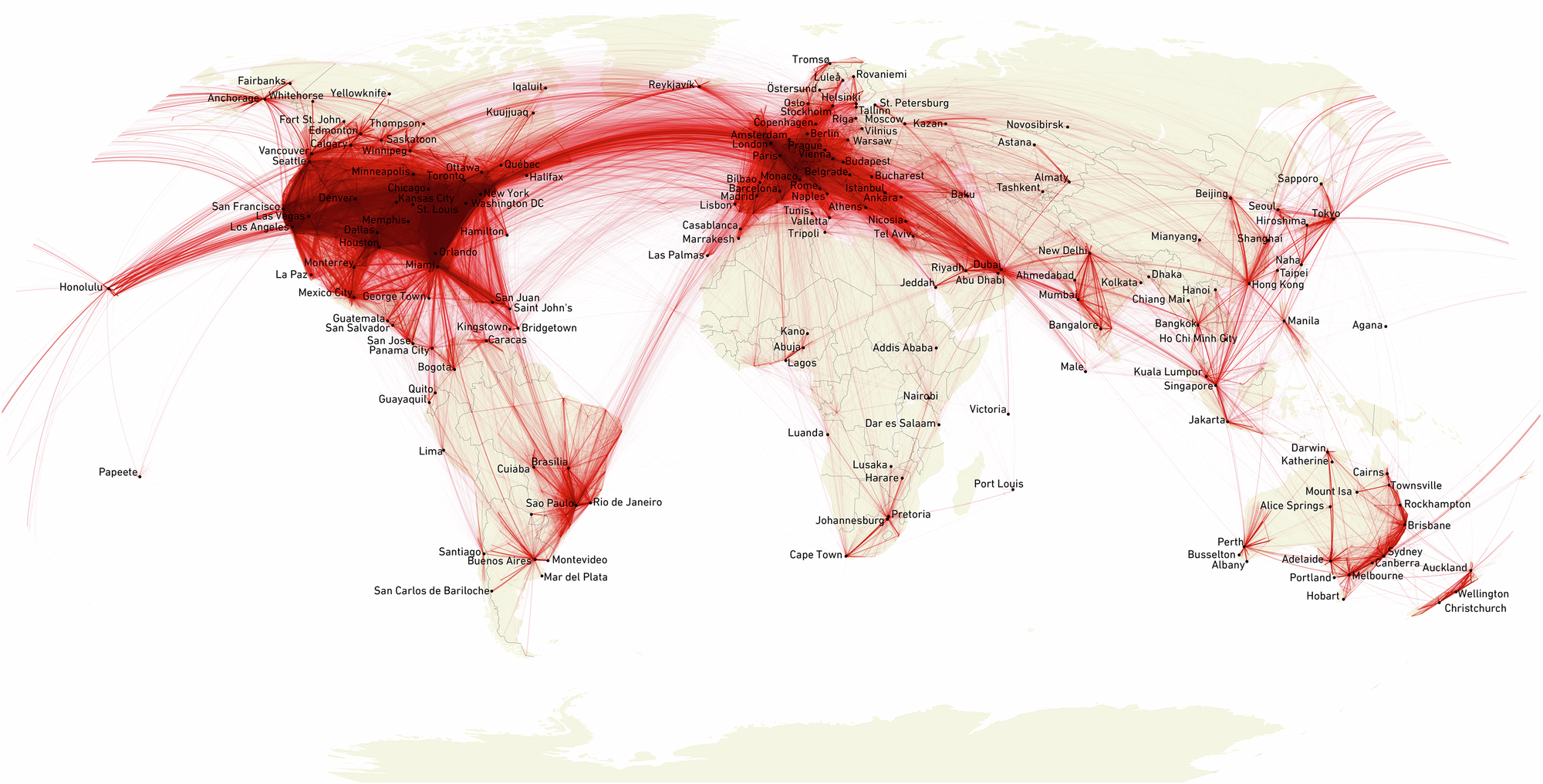 Map of all the direct city-to-city flights recorded in the 4.3 million private flights assessed in the study. The line weight indicates the number of flights which took place during the assessed period, with a bolder line indicating a higher number. This is Figure 2 in the published paper. Credit: Stefan Gössling et al