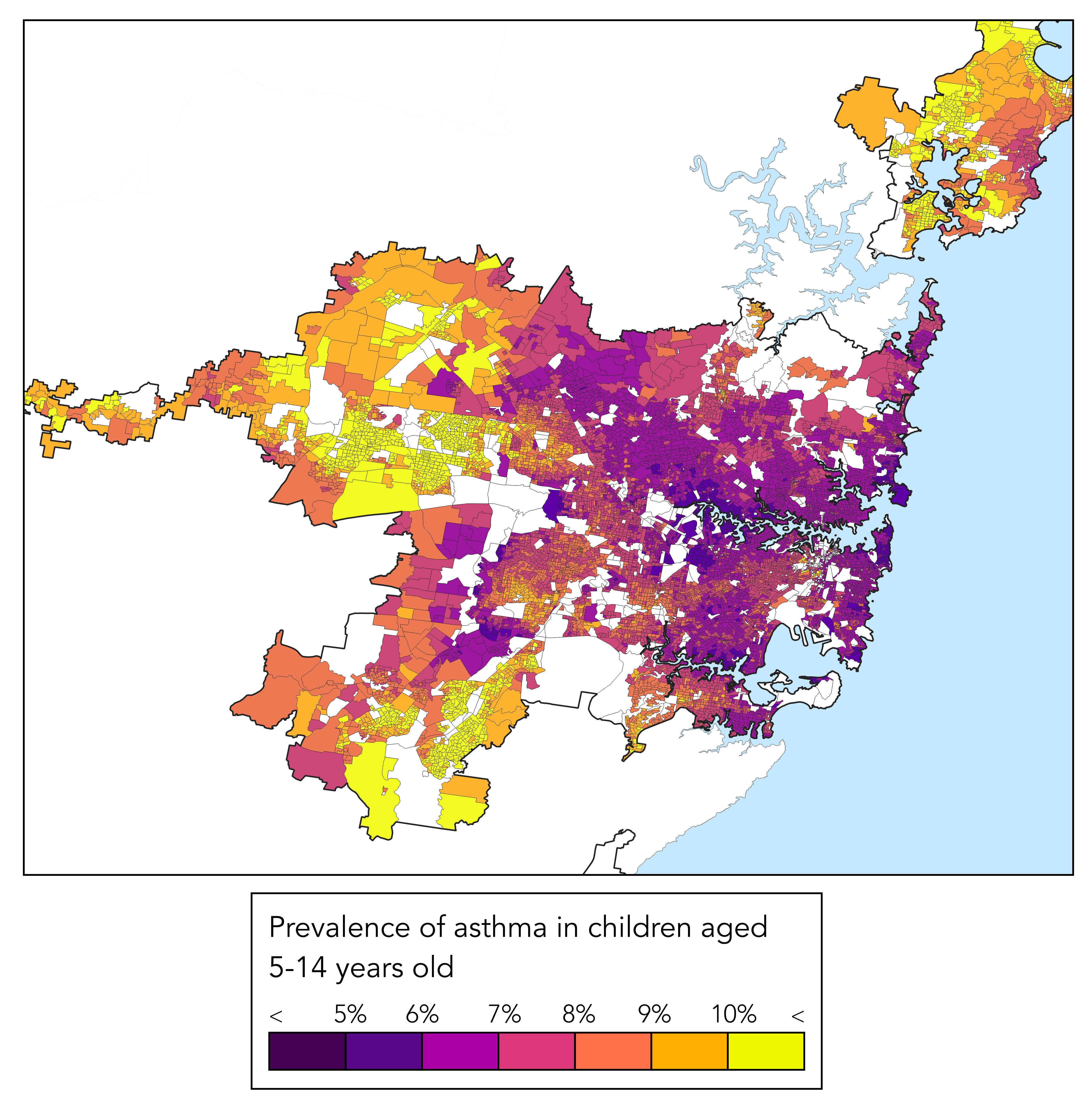 Childhood asthma risk map for Sydney. Credit: Telethon Kids Institute