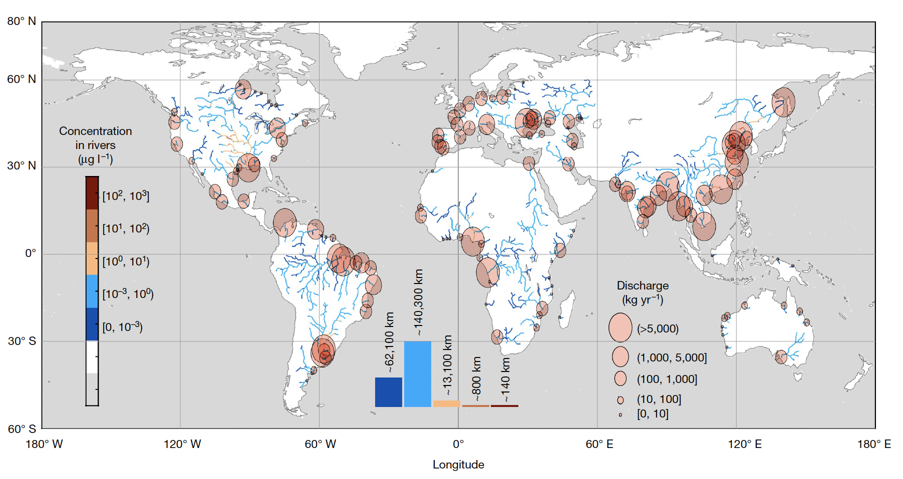 Pesticide concentration in rivers and discharge to oceans. Image: Associate Professor Federico Maggi, University of Sydney and paper co-authors.