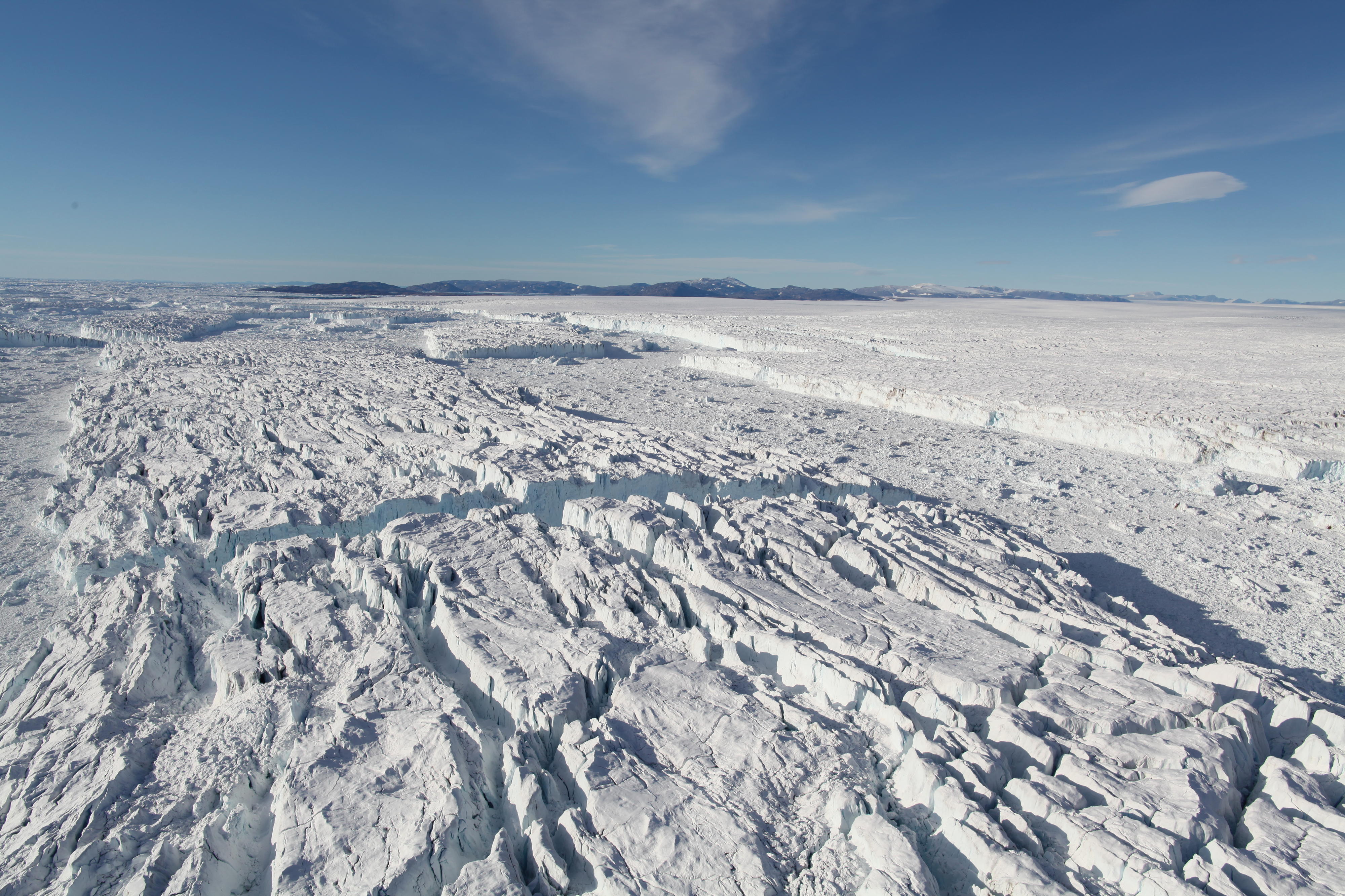 Giant icebergs detaching from the front of Zachariæ Isstrøm, whose floating ice tongue collapsed in 2003. The ice discharge into the ocean from this glacier has dramatically increased since then. Photo credit: Anders Bjørk, August 2016