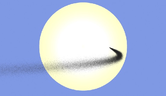 Simulated stream of dust launched between Earth and the Sun. This dust cloud is shown as it crosses the disk of the Sun, viewed from Earth. Streams like this one, including those launched from the Moon’s surface, can act as a temporary sun shade.   Image Credit: Ben Bromley, CC-BY 4.0 