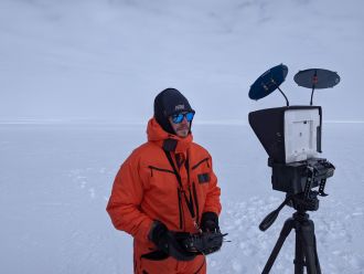 First author Matthew Boyer piloting a drone for data collection in Antarctica