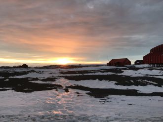 Sunset over the facilities at Marambio Station