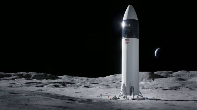 Illustration of SpaceX Starship human lander design that will carry the first NASA astronauts to the surface of the Moon under the Artemis program. Credits: SpaceX 
