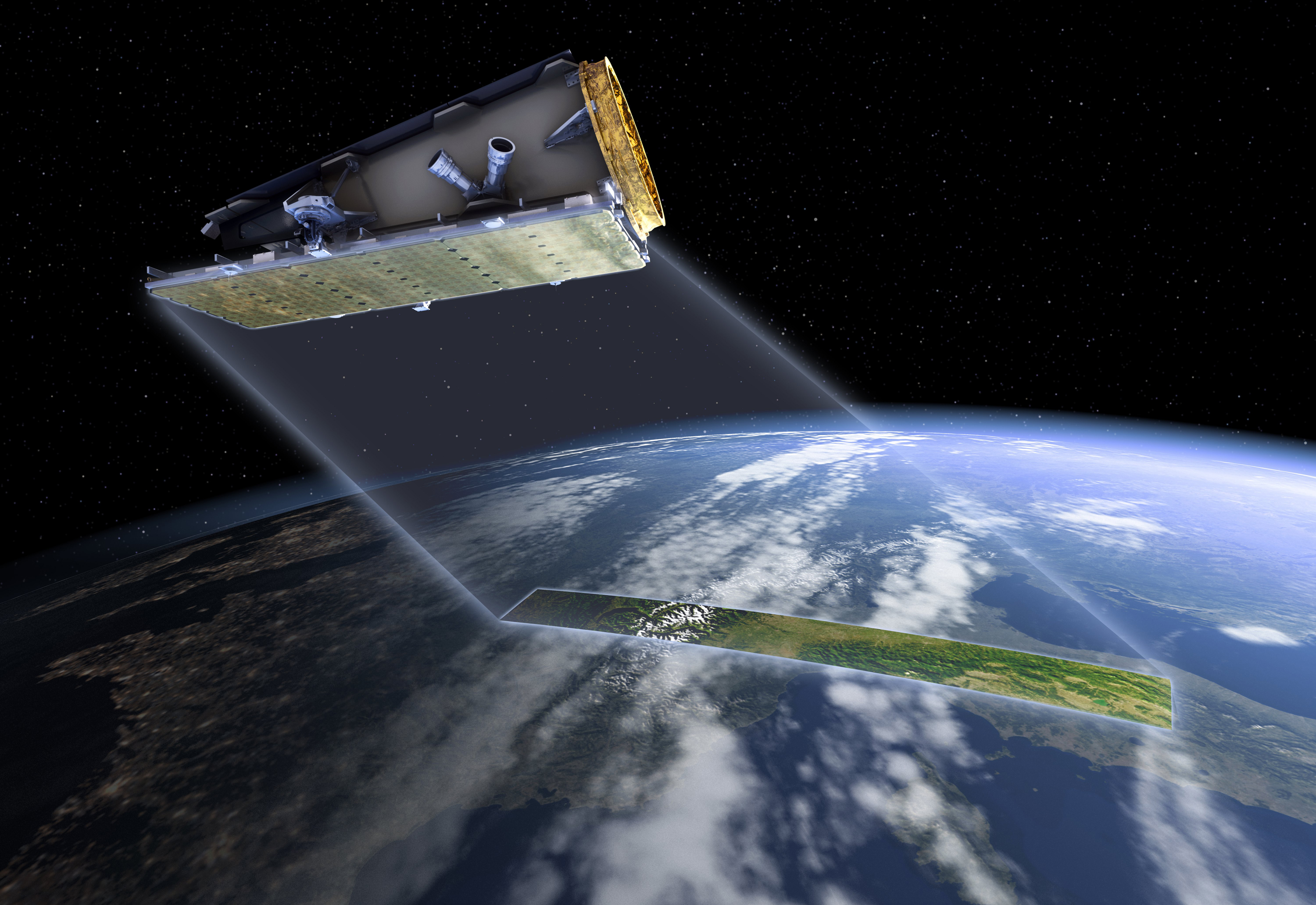 NovaSAR-1 can take images of the Earth through all weather conditions, including heavy cloud and smoke. Computer generated image of the satellite in orbit. Credit: Surrey Satellite Technology. 