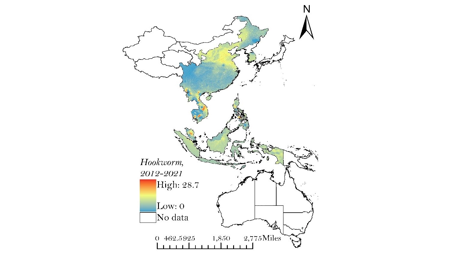 Prevalence map of hookworm in Western Pacific Region, 2012-2021