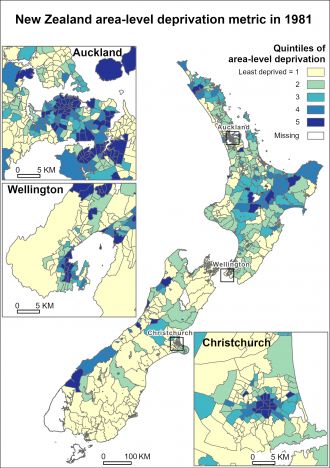 Visualisation of the NZ area-level deprivation metric in 1981