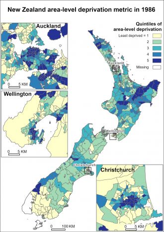Visualisation of the NZ area-level deprivation metric in 1986
