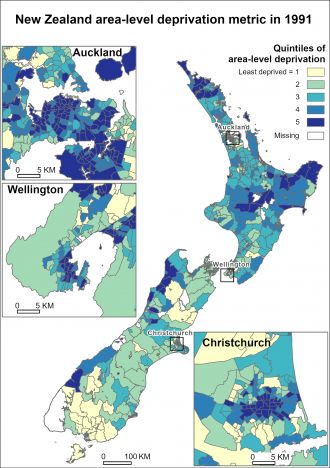 Visualisation of the NZ area-level deprivation metric in 1991