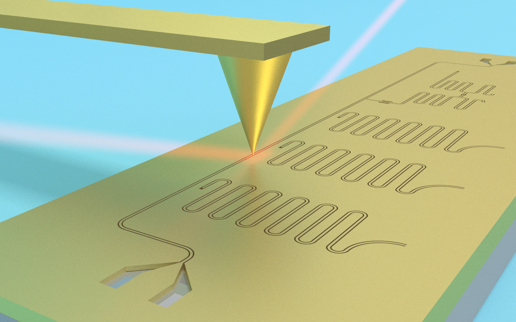 Schematic of a superconducting circuit being imaged using terahertz scanning near-field microscopy.