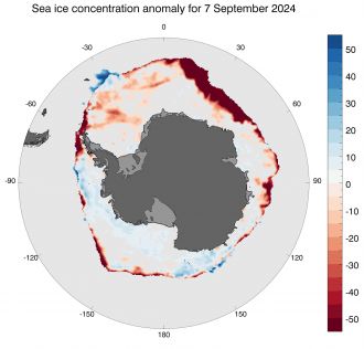 Map of Antarctic sea-ice concentration anomalies for 7 Sept 2024
