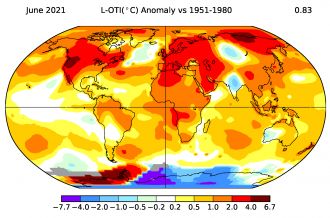Temperature anomaly map for June 2021