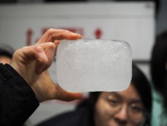 A student looks at an ice core