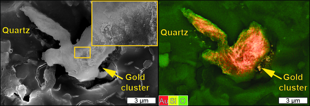 Credit:   Dr Chris Voisey   Caption: (Left): Scanning electron microscope image of gold deposited onto quartz via piezoelectric reactions during experiments. Inlay is a zoomed in image revealing that the texture of the gold grain is composed of multiple gold nanoparticles stuck together. (Right): Energy dispersive spectroscopic map of the sample. Highlighting the chemical composition of the sample area.