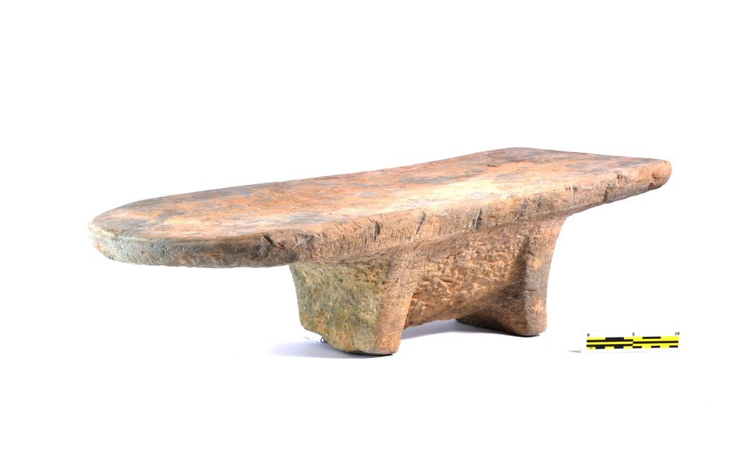 Footed sandstone grinding slab (76 cm long by 31 cm wide) excavated in 2018. Ancient starch grains of ginger (Zingiber officinale), cinnamon (Cinnamomum sp.) and nutmeg (Myristica fragrans) have been identified on its surface.  Photo: Khanh Trung Kien Nguyen