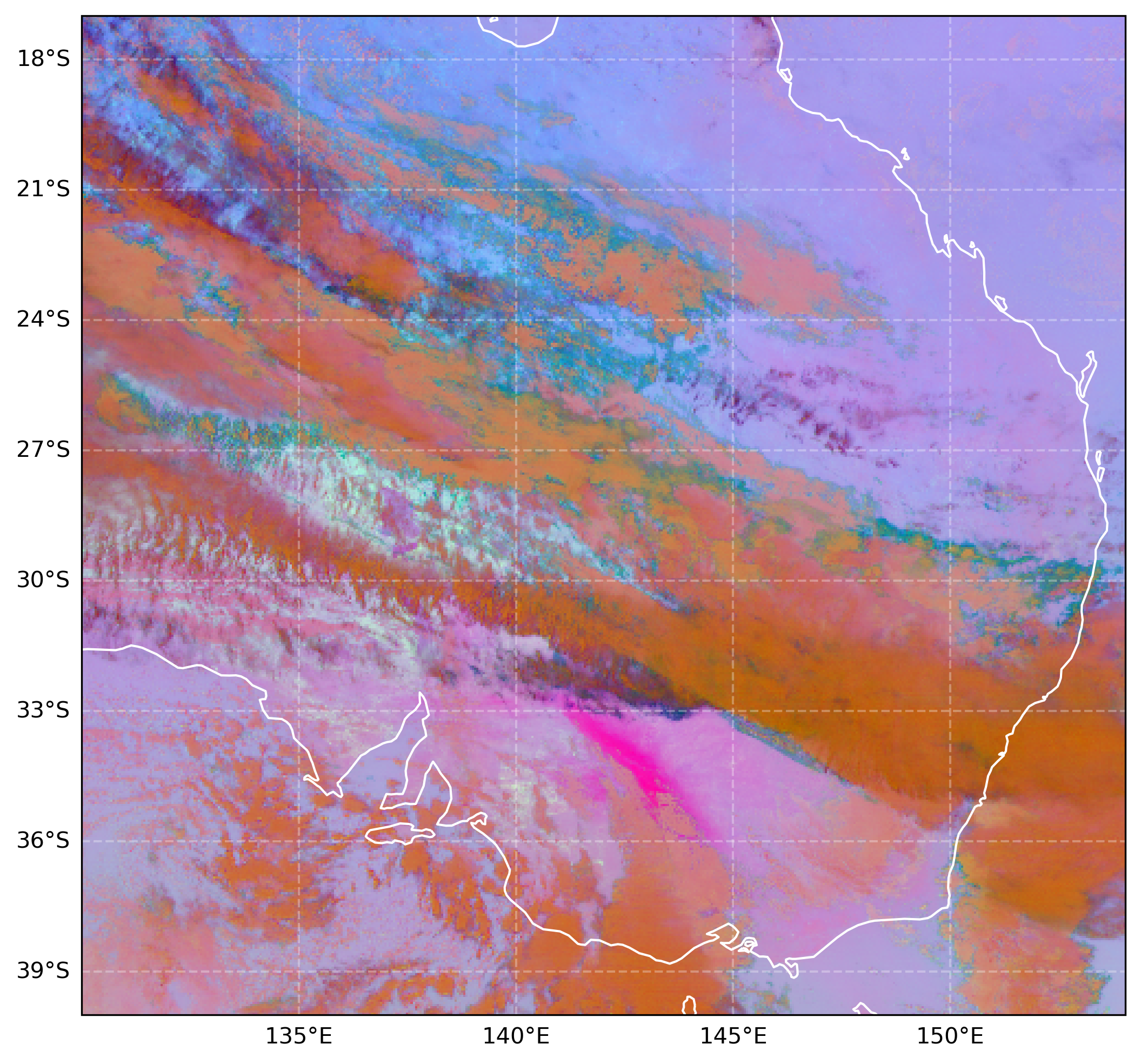Satellite image from geostationary satellite Himawari-9 shows the dust storm as a pink/magenta cloud Satellite image from geostationary satellite Himawari-9 shows the dust storm as a pink/magenta cloud