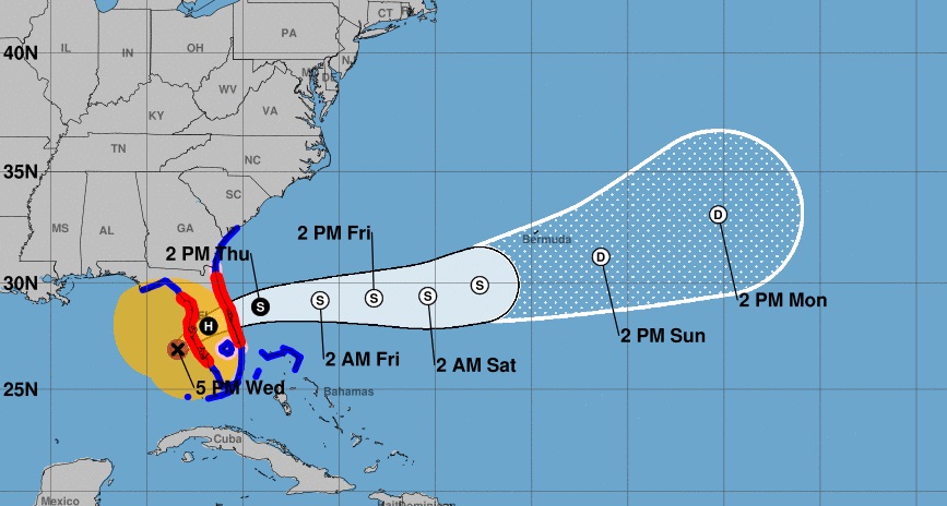 Coastal Watches/Warnings and Forecast Cone for Storm Center, Credit: NOAA