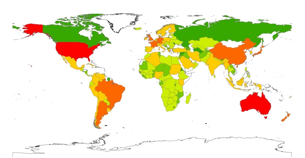 Zoonotic pathogen diversity. Red = high diversity, green = low diversity. Credit: Singh et al.