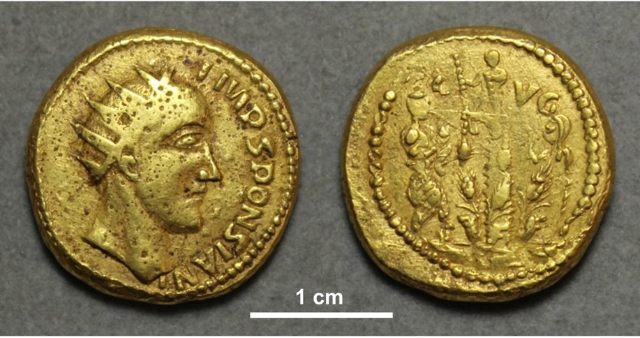 Coin of the ‘emperor’ Sponsian, currently in The Hunterian, University of Glasgow, UK, catalogue number GLAHM:40333 (reproduced from Ref. [1]).    Image Credit: Pearson et al., 2022, PLOS ONE, CC-BY 4.0 (https://creativecommons.org/licenses/by/4.0/) 