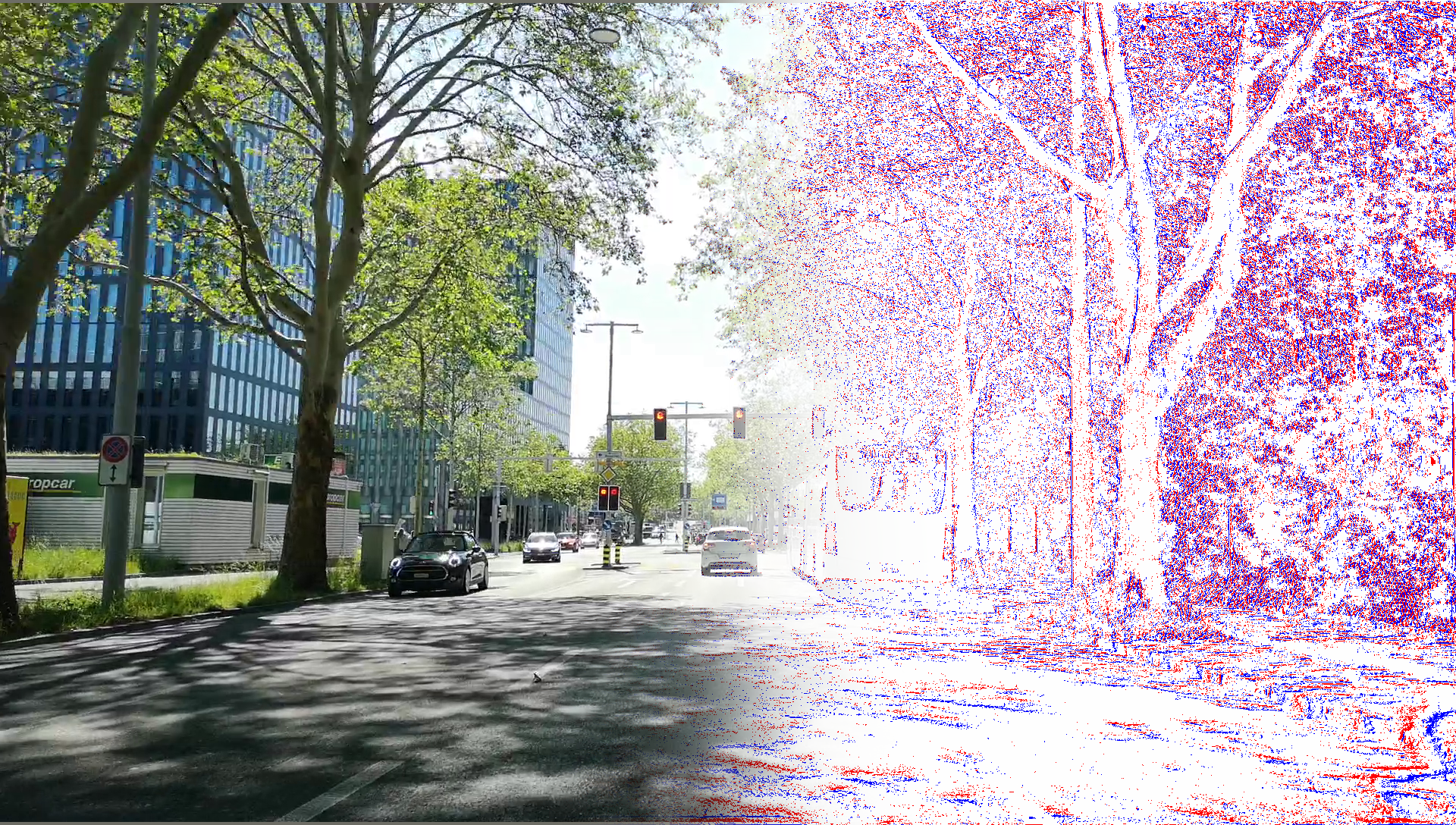 Caption: This illustration shows a scene where the left half is coming from the color camera and the right half from the event camera Credit: Robotics and Perception Group, University of Zurich, Switzerland