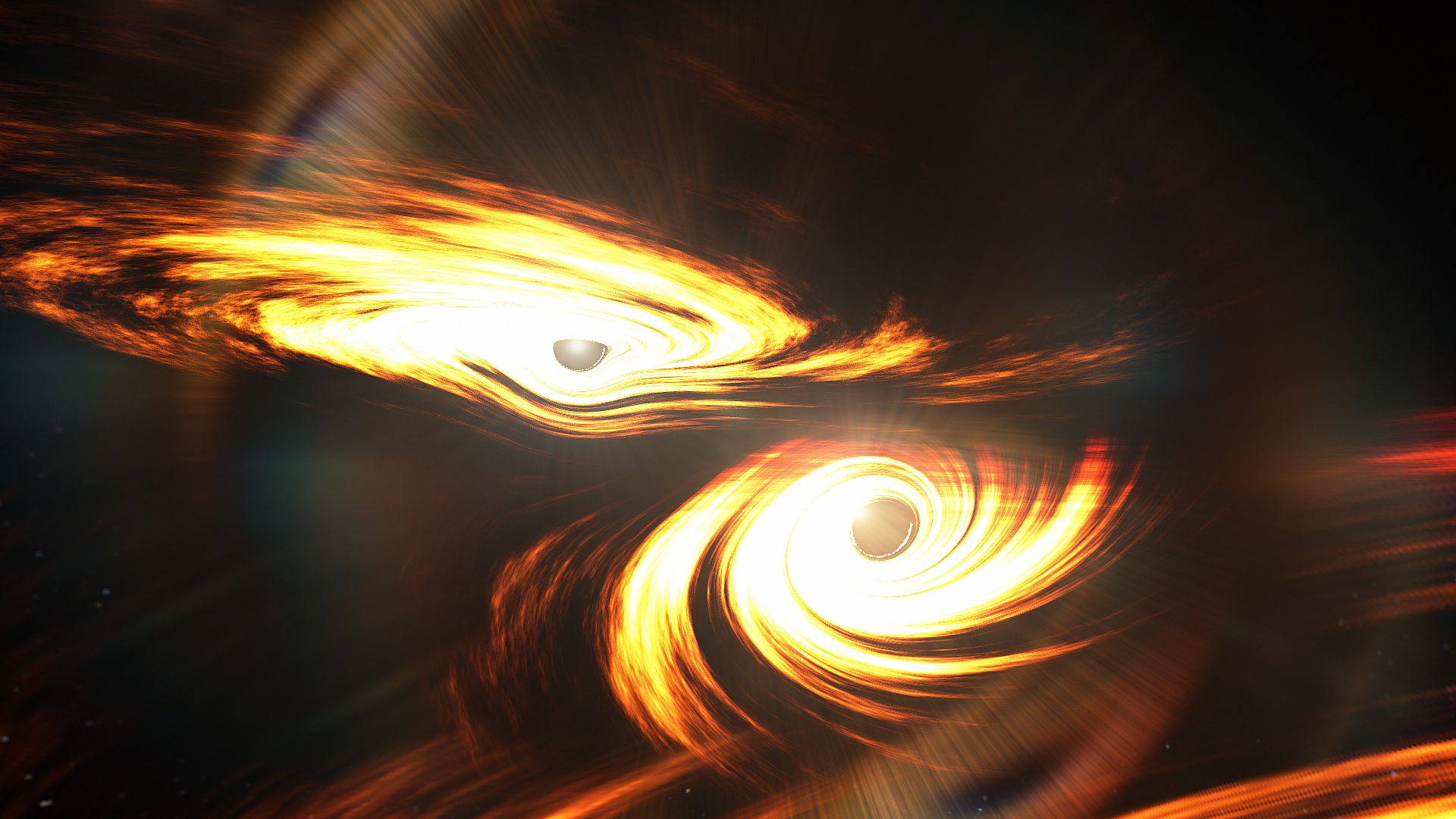 Artist’s impression of binary black holes about to collide. Image credit: Mark Myers, ARC Centre of Excellence for Gravitational Wave Discovery (OzGrav)