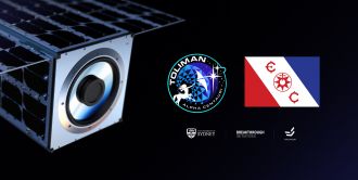 EnduroSat mini satellite with TOLIMAN Mission patch and Explorers Club flag