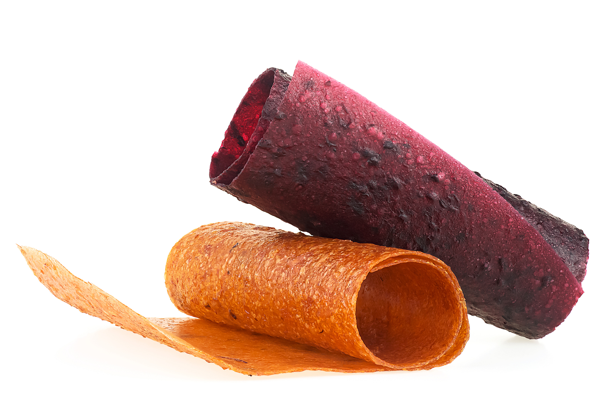 Fruit leather, the generic name of fruit roll-ups, is made of dried fruit puree.