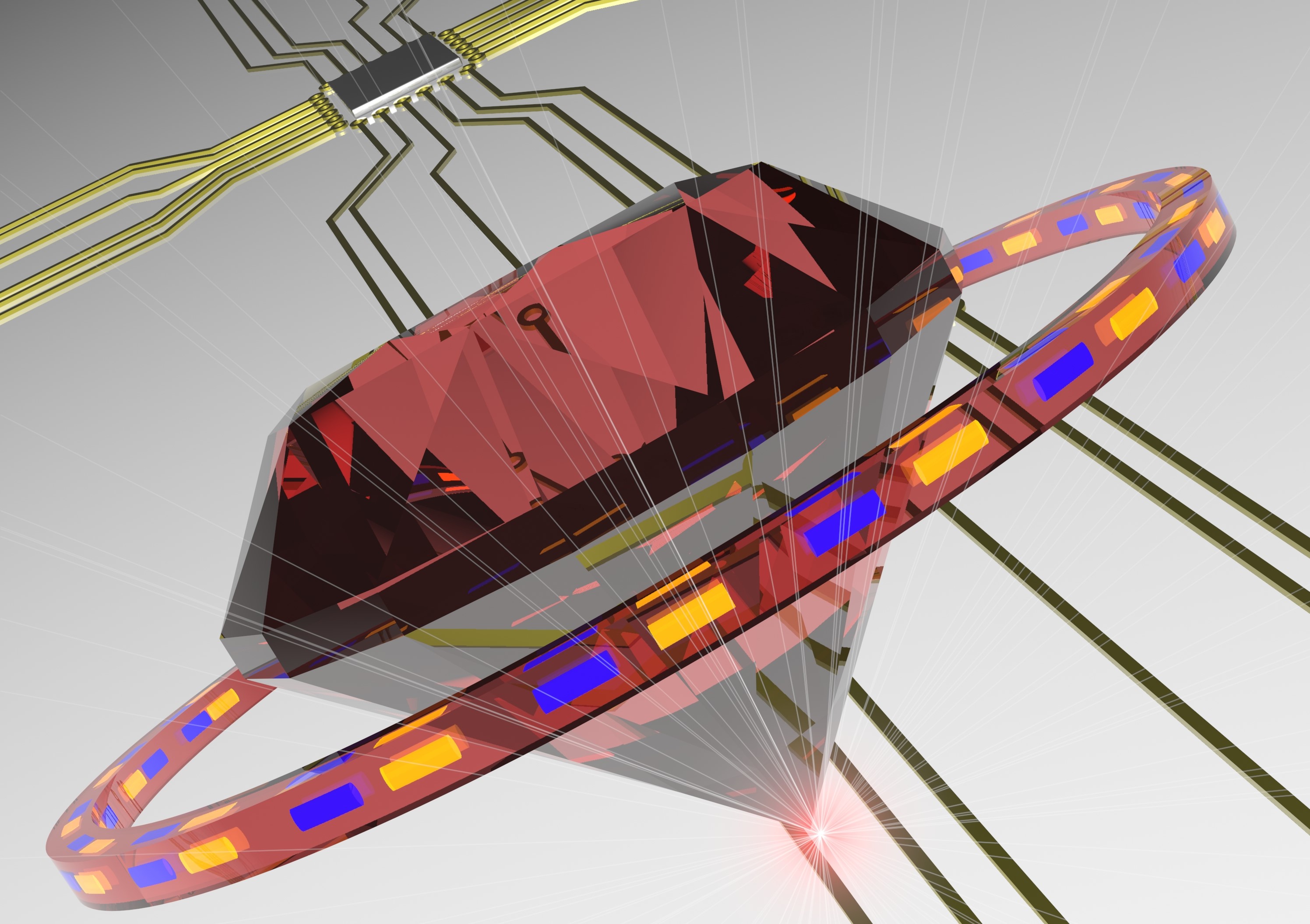An artist's impression of a diamond building block in a future photonic circuit. The red color emphasises the germanium vacancy centres emitting at the red spectral range and the ring illustrates the cavity.