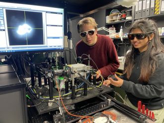 Sam Scholten and Priya Singh working on their hBN quantum sensor