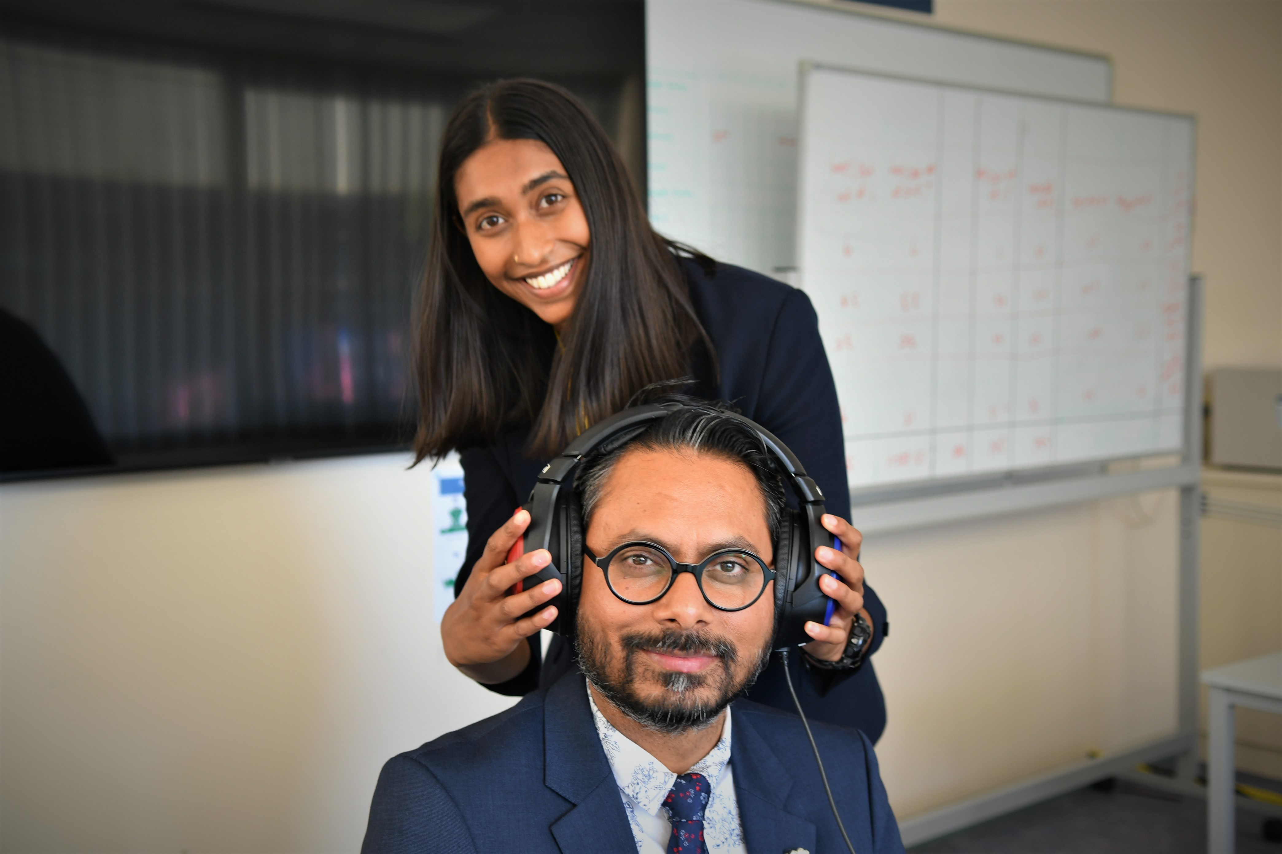 Dr Dee Domingo performing a hearing test on Professor Raj Shakhawat at Flinders Medical Centre’s Audiology Department.