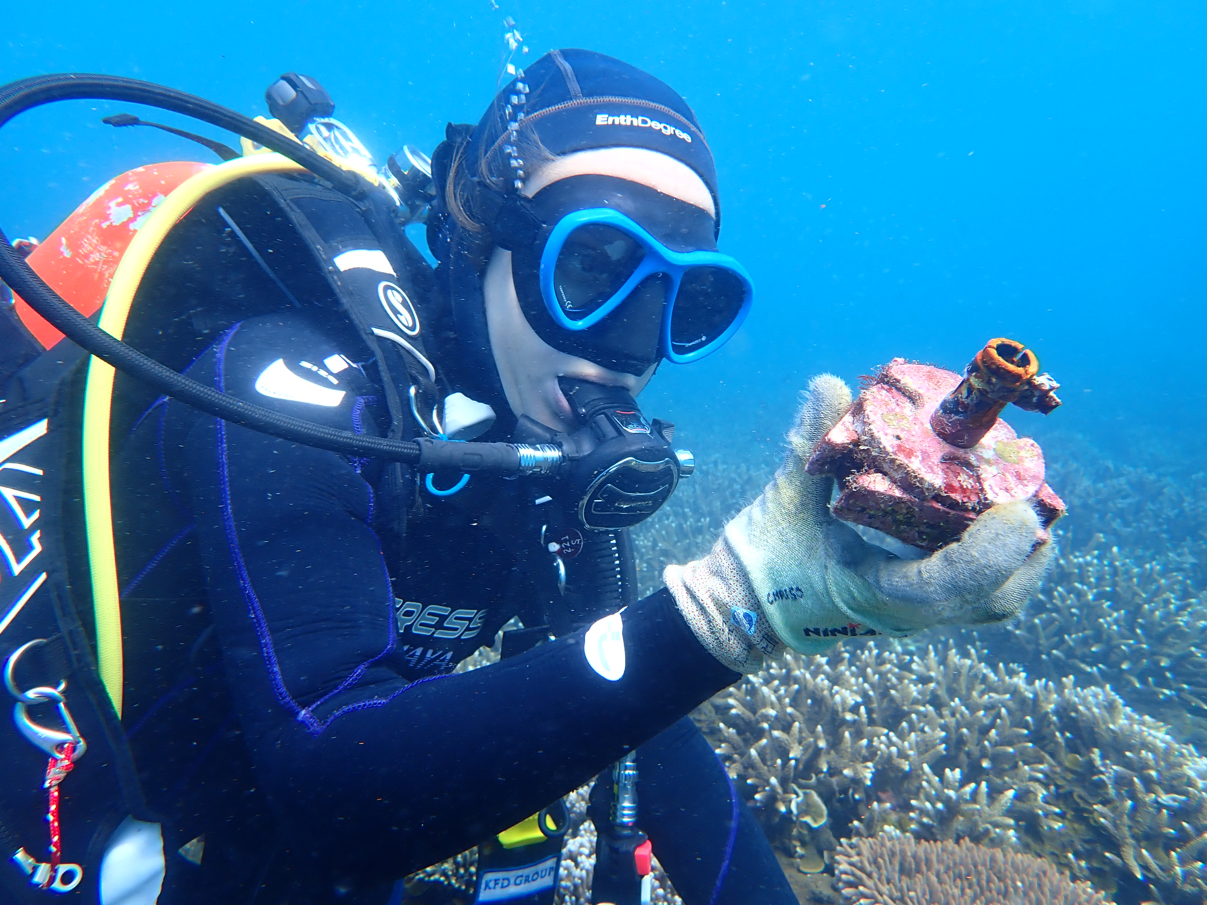 A reserach diver inspects a device designed to move young corals from an aquaculture facility to a reef on the Great Barrier Reef. Credit: Taylor Whitman