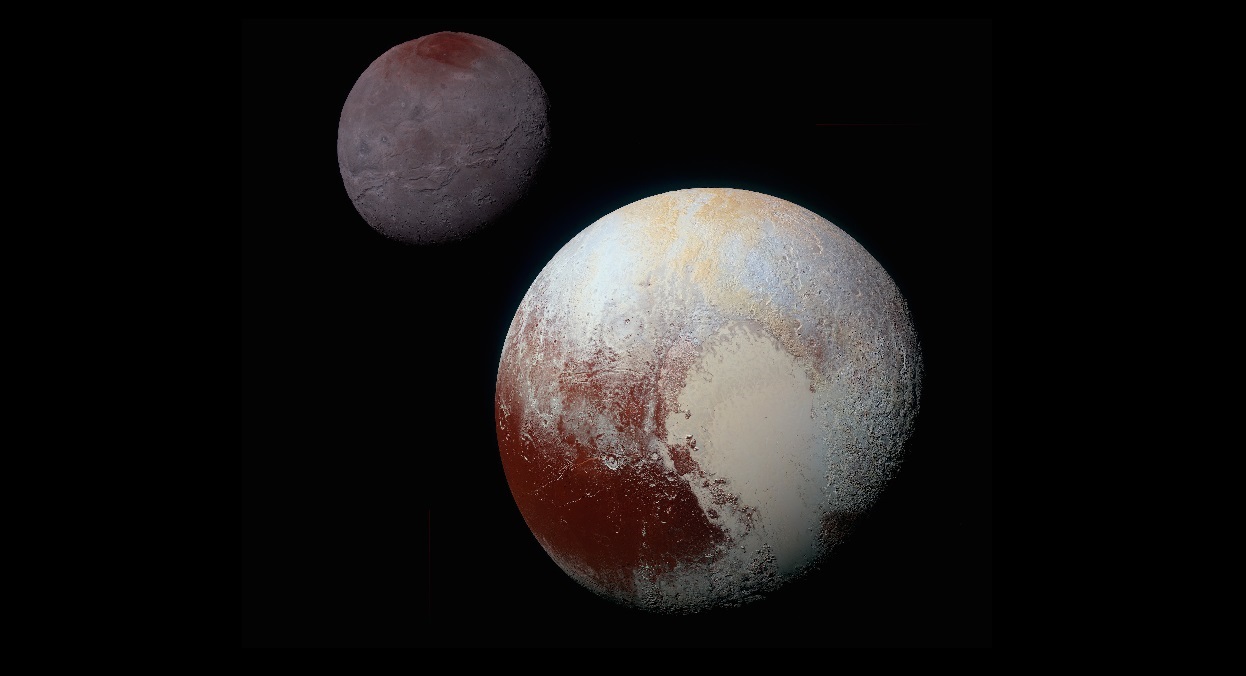 Composite of enhanced color images of Pluto (right) and Charon (left), taken by the New Horizons spacecraft in 2015; size to scale, distance not. Credit: NASA / Johns Hopkins University Applied Physics Laboratory / Southwest Research Institute, Public domain, via Wikimedia Commons