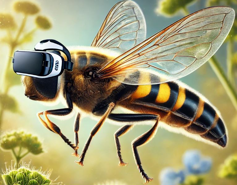 Image description: Artistic illustration of a hoverfly wearing a VR headset. Please note the VR used in this study did not put headsets on the insects.  AI generated image - OpenAI’s DALL·E model